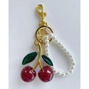 Glitter Red Cherry Bag Purse Charm With Pearl Beads String Keychain Bronze Resin